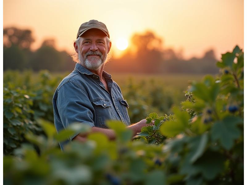 A farmer smiling proudly in a lush, healthy berry field, with an overlay of AI health data.