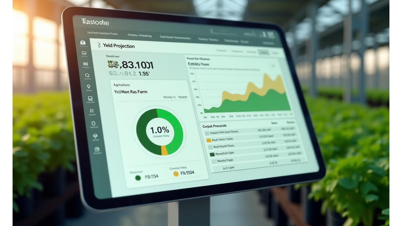 Interactive dashboard displaying AI crop monitoring metrics like yield projection, plant health, and resource usage.