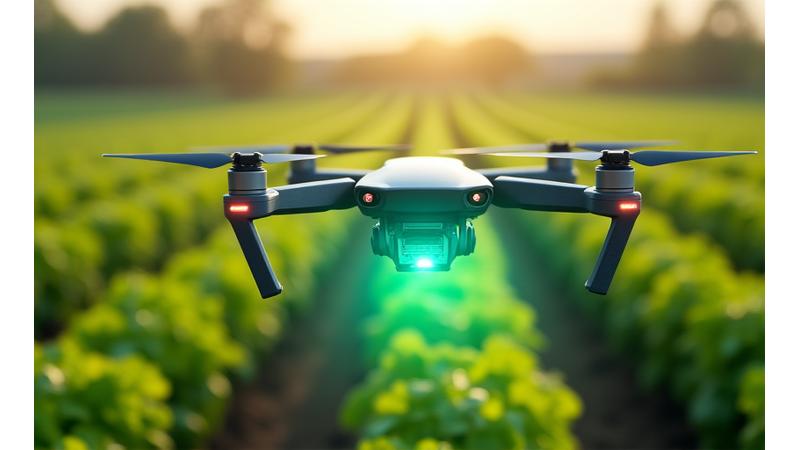 AI-powered drone surveying a field, showing an overlay of crop health data